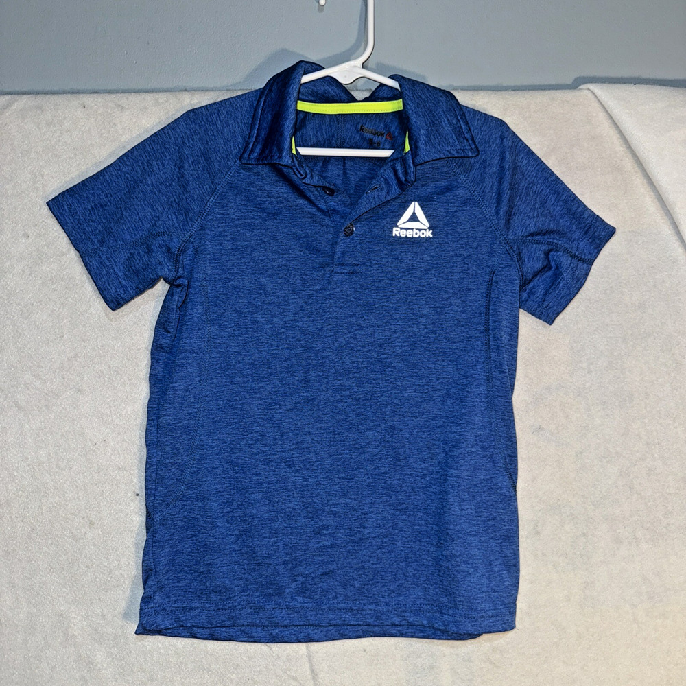 Reebok Boys Blue Polo Shirt Short Sleeve Size 5/6 100% Polyester Heathered~EUC